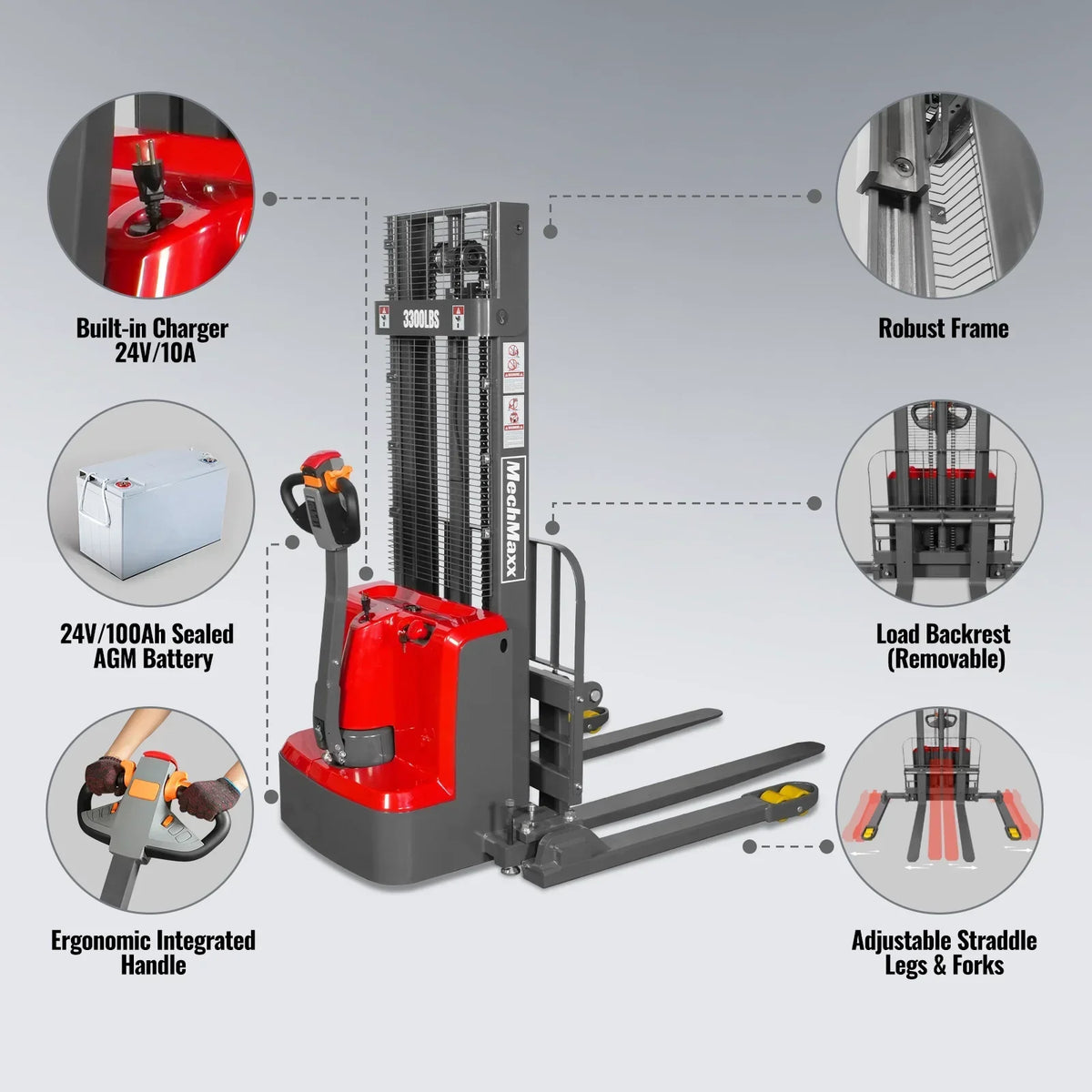 3300lbs Electric Straddle Stacker,  98" Lift,  Adjustable Legs & Forks,  F33-98SLA