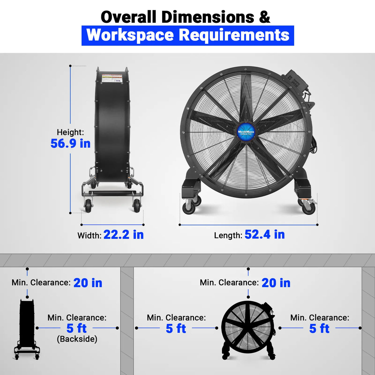47" Portable Industrial Fan with Variable High-Efficiency PMSM Motor,Mobile High Volume Floor Fan for Warehouse,Workshop & Gym