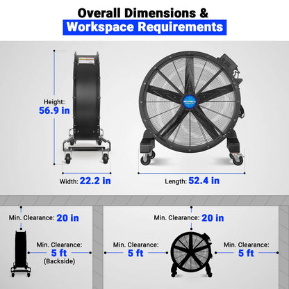47" Portable Industrial Fan with Variable High-Efficiency PMSM Motor,Mobile High Volume Floor Fan for Warehouse,Workshop & Gym