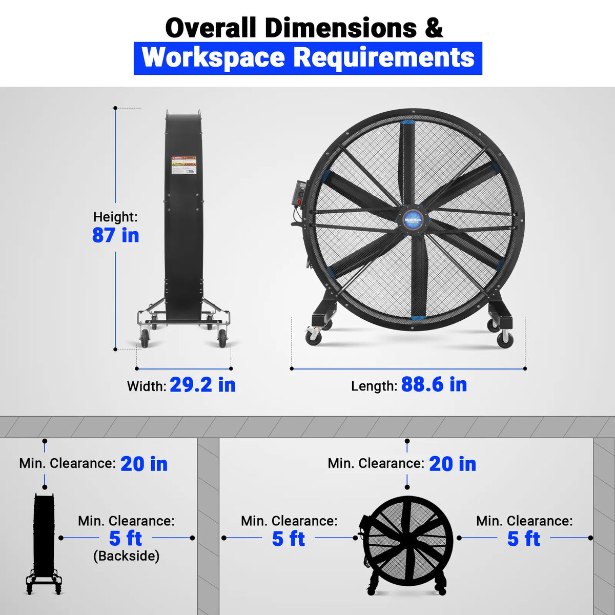 79" Portable Industrial Fan with Variable High-Efficiency PMSM Motor,Mobile High Volume Floor Fan for Warehouse,Workshop & Gym