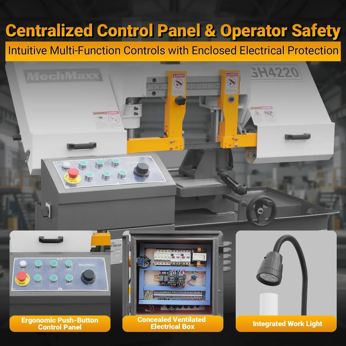 8 Inch 7-7/8" x 7-7/8" Capacity Double Column Horizontal Metal Cutting Band Saw, Vertical Lifting, Gearbox Driven Two-Speed Motor, Hydraulic Feed, Manual Clamping, Coolant System Industrial Bandsaw GH4220