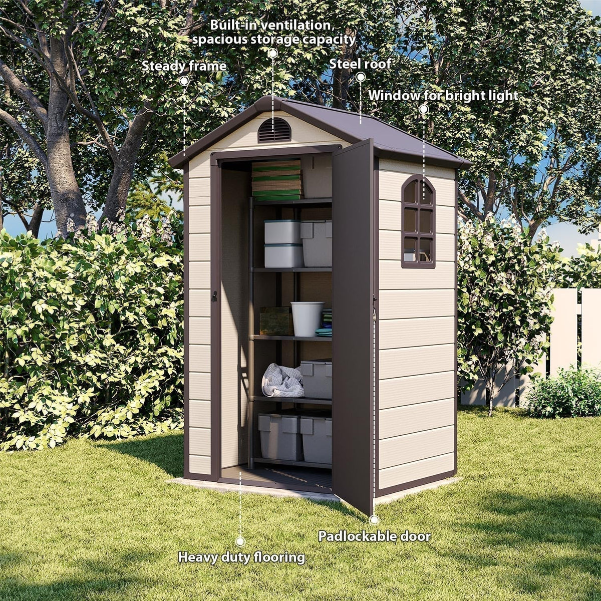 Outdoor Storage Shed 4X3 Ft, Resin Sheds & Outdoor Storage, Patio Furniture Shed with Lockable Door, Outdoor Sheds Garden Tools, Bikes, BBQ Grills, Pool Accessories for Backyard, Patio