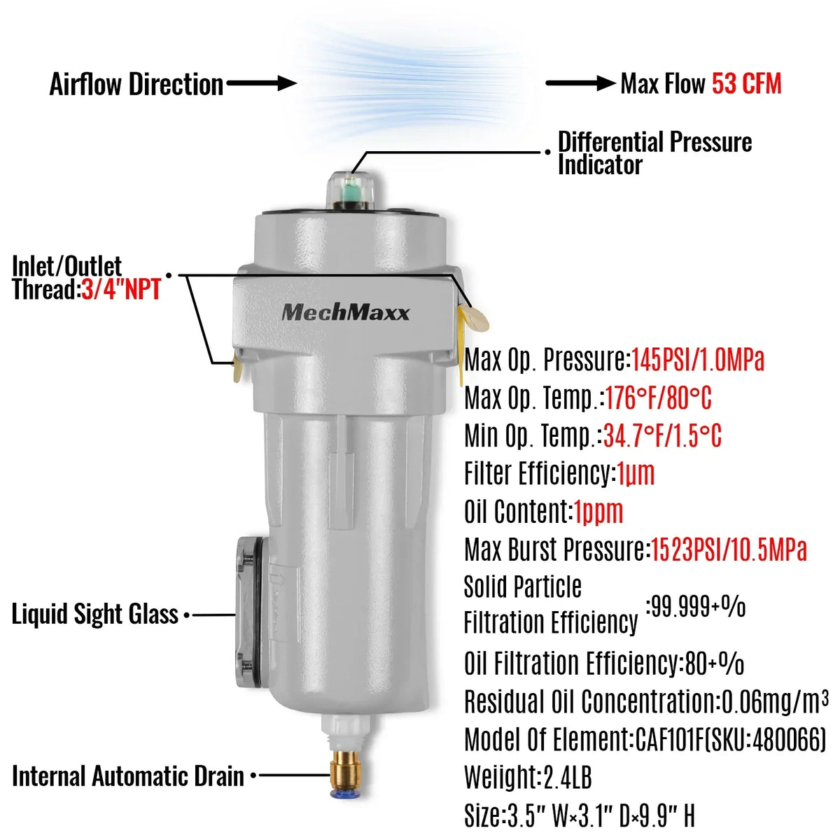 53 CFM Compressed Air Oil-Water Separator Precision Filter,1μm,Oil Content 1ppm, With Auto Drain, Pressure Indicator