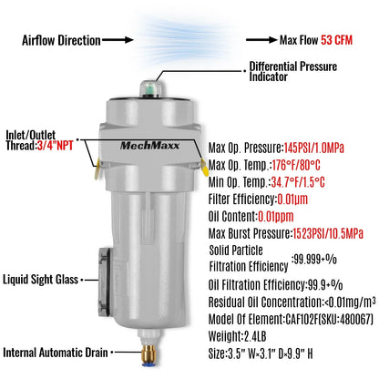 53 CFM Compressed Air Oil-Water Separator Precision Filter,0.01μm,Oil Content 0.01ppm, With Auto Drain, Pressure Indicator
