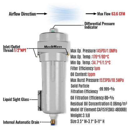 63 CFM Compressed Air Oil-Water Separator Precision Filter,1μm,Oil Content 1ppm, With Auto Drain, Pressure Indicator