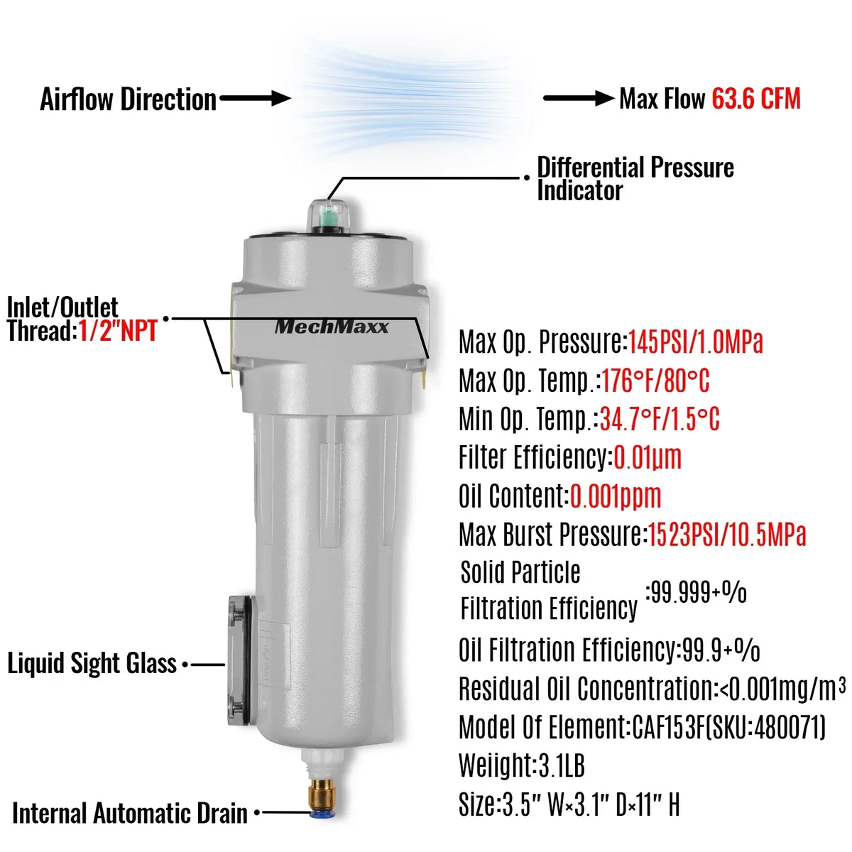 63 CFM Compressed Air Oil-Water Separator Precision Filter,0.01μm,Oil Content 0.001ppm, With Auto Drain, Pressure Indicator