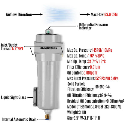 63 CFM Compressed Air Oil-Water Separator Precision Filter,0.01μm,Oil Content 0.001ppm, With Auto Drain, Pressure Indicator
