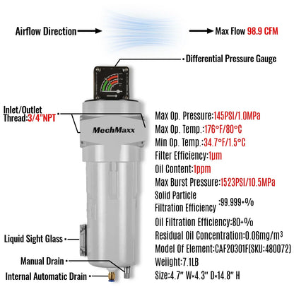 99 CFM Compressed Air Oil-Water Separator Precision Filter,1μm,Oil Content 1ppm, With Auto Drain, Pressure Gauge