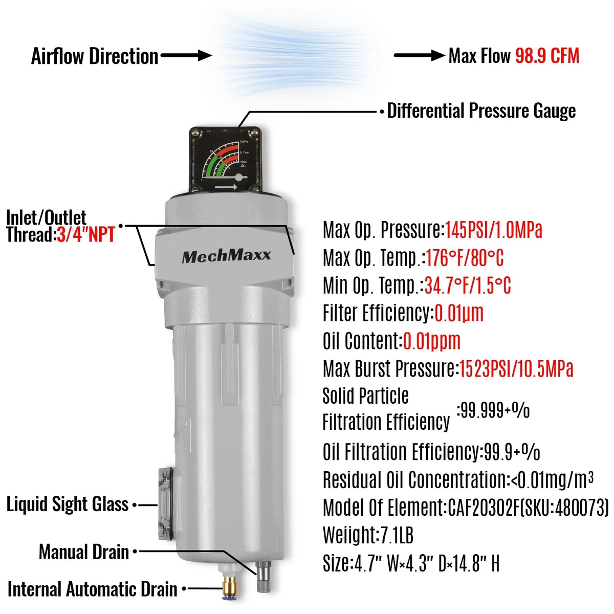 99 CFM Compressed Air Oil-Water Separator Precision Filter,0.01μm,Oil Content 0.01ppm, With Auto Drain, Pressure Gauge