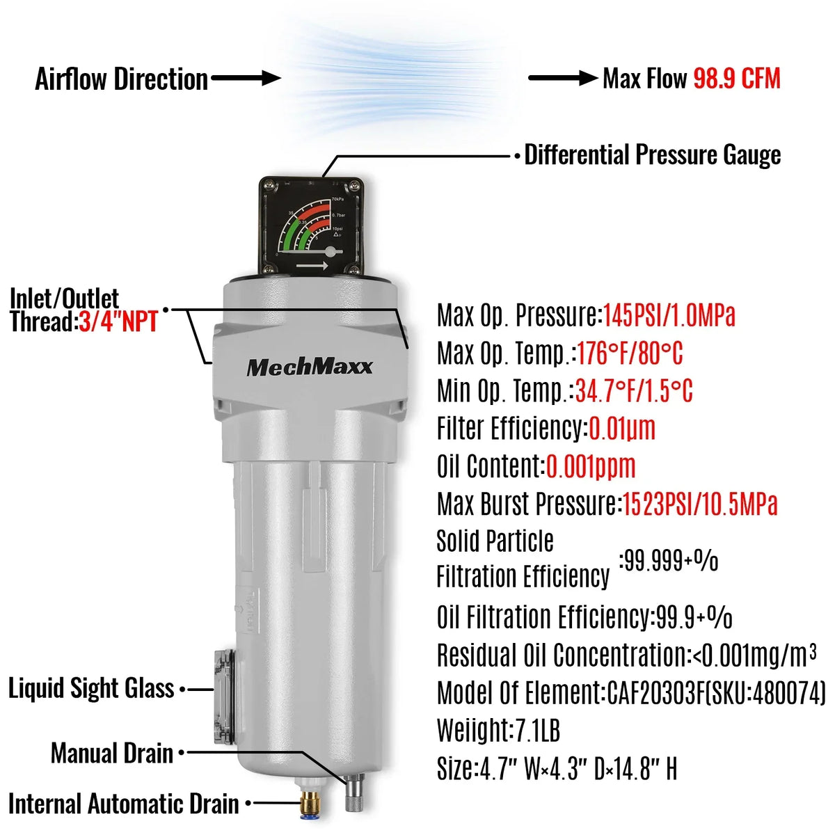99 CFM Compressed Air Oil-Water Separator Precision Filter,0.01μm,Oil Content 0.001ppm, With Auto Drain, Pressure Gauge