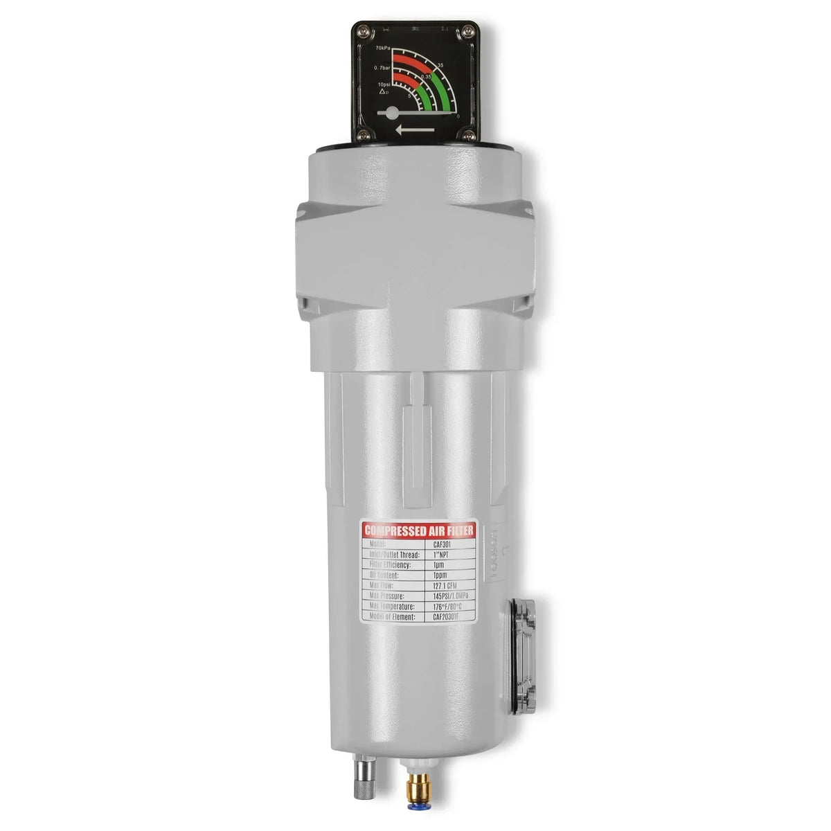 127 CFM Compressed Air Oil-Water Separator Precision Filter,1μm,Oil Content 1ppm, With Auto Drain, Pressure Gauge