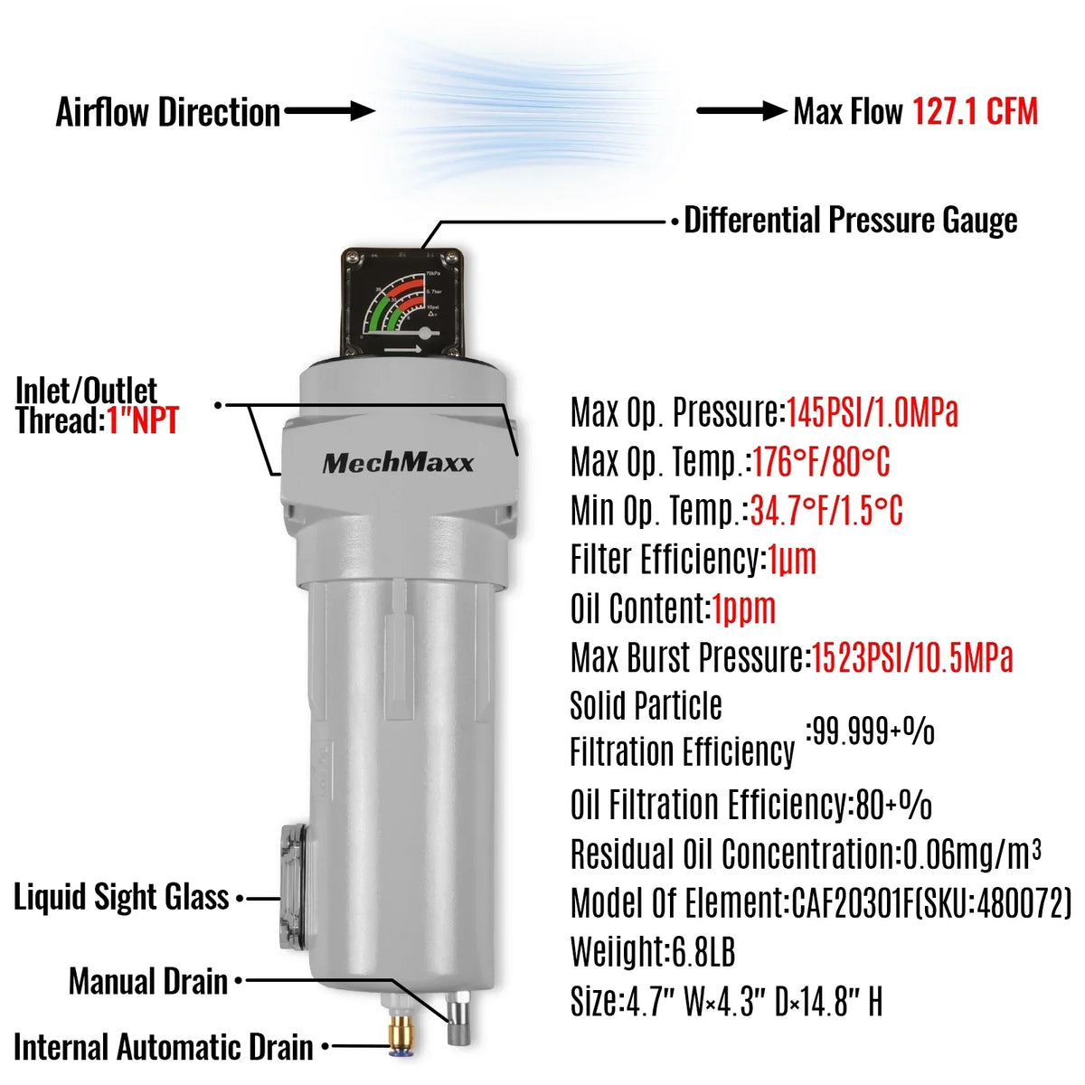 127 CFM Compressed Air Oil-Water Separator Precision Filter,1μm,Oil Content 1ppm, With Auto Drain, Pressure Gauge