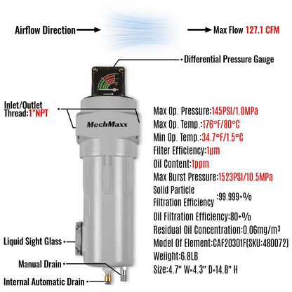 127 CFM Compressed Air Oil-Water Separator Precision Filter,1μm,Oil Content 1ppm, With Auto Drain, Pressure Gauge