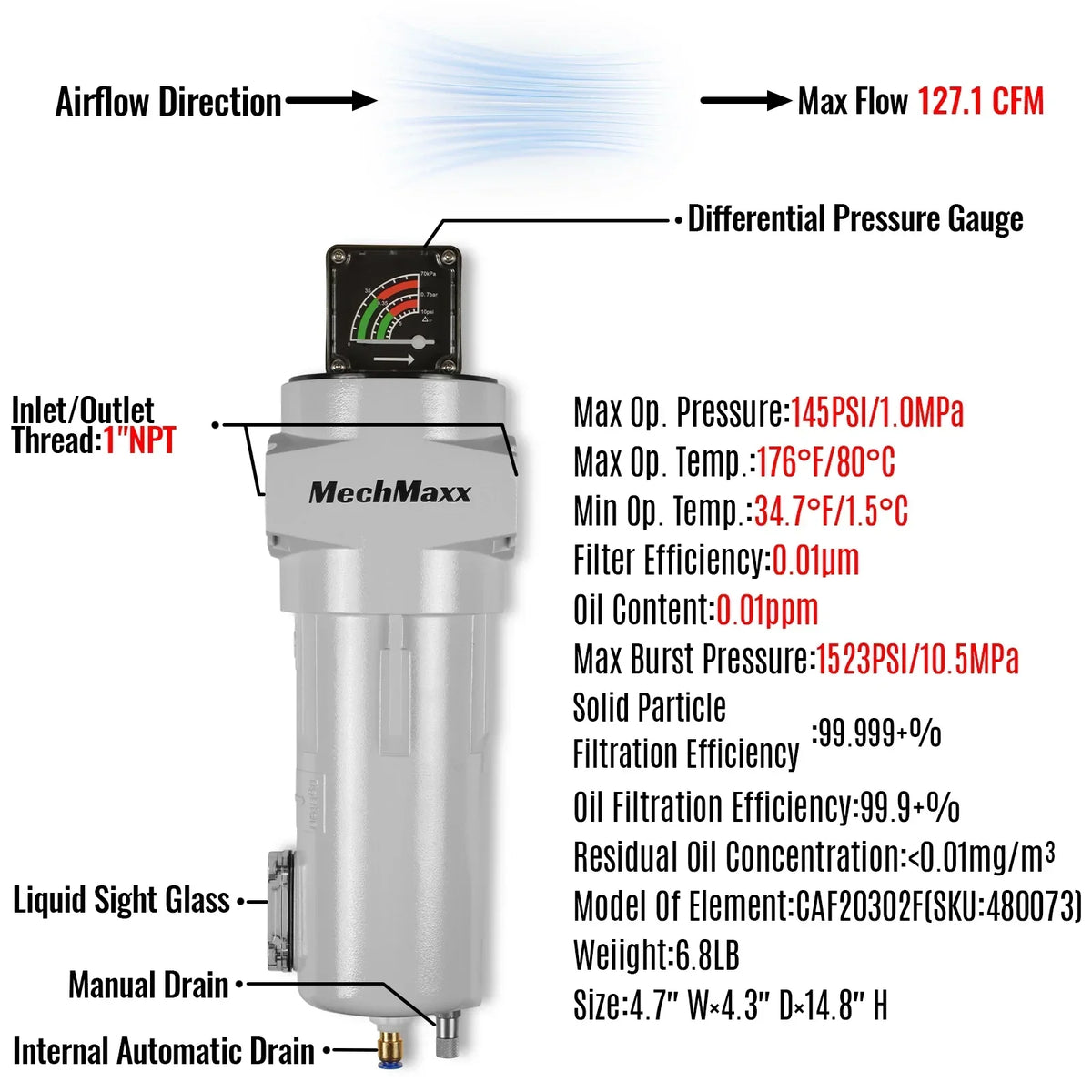 127 CFM Compressed Air Oil-Water Separator Precision Filter,0.01μm,Oil Content 0.01ppm, With Auto Drain, Pressure Gauge
