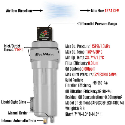 127 CFM Compressed Air Oil-Water Separator Precision Filter,0.01μm,Oil Content 0.001ppm, With Auto Drain, Pressure Gauge