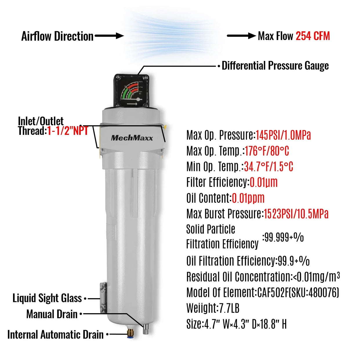 254 CFM Compressed Air Oil-Water Separator Precision Filter,0.01μm,Oil Content 0.01ppm, With Auto Drain, Pressure Gauge