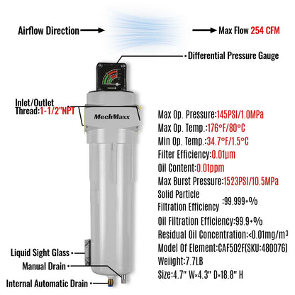 254 CFM Compressed Air Oil-Water Separator Precision Filter,0.01μm,Oil Content 0.01ppm, With Auto Drain, Pressure Gauge