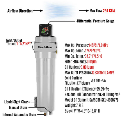 254 CFM Compressed Air Oil-Water Separator Precision Filter,0.01μm,Oil Content 0.001ppm, With Auto Drain, Pressure Gauge