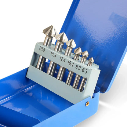 HSS Countersinks Set of 6 Pcs, 6,3 - 20,5 mm, 90° for SKU: 500200 | Model: VM18L SKU: 500201 | Model: VM18LD SKU: 500202 | Model: VM25L SKU: 500203 | Model: VM25LD SKU: 500204 | Model: VM32L SKU: 500205 | Model: VM32LD