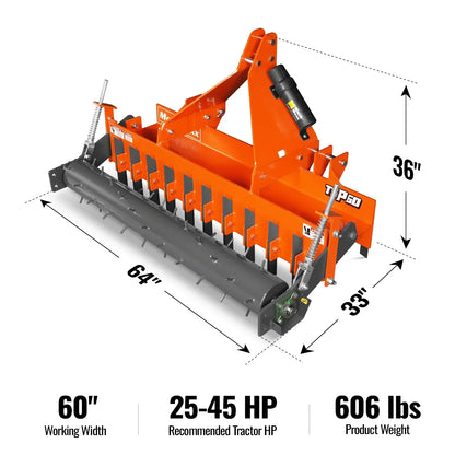 60" Heavy Duty Soil Pulverizer,  Single Spiked Roller,  21 Shanks,  Category 1 and 2,  3 Point Hitch Tractor Attachment,  TSP60