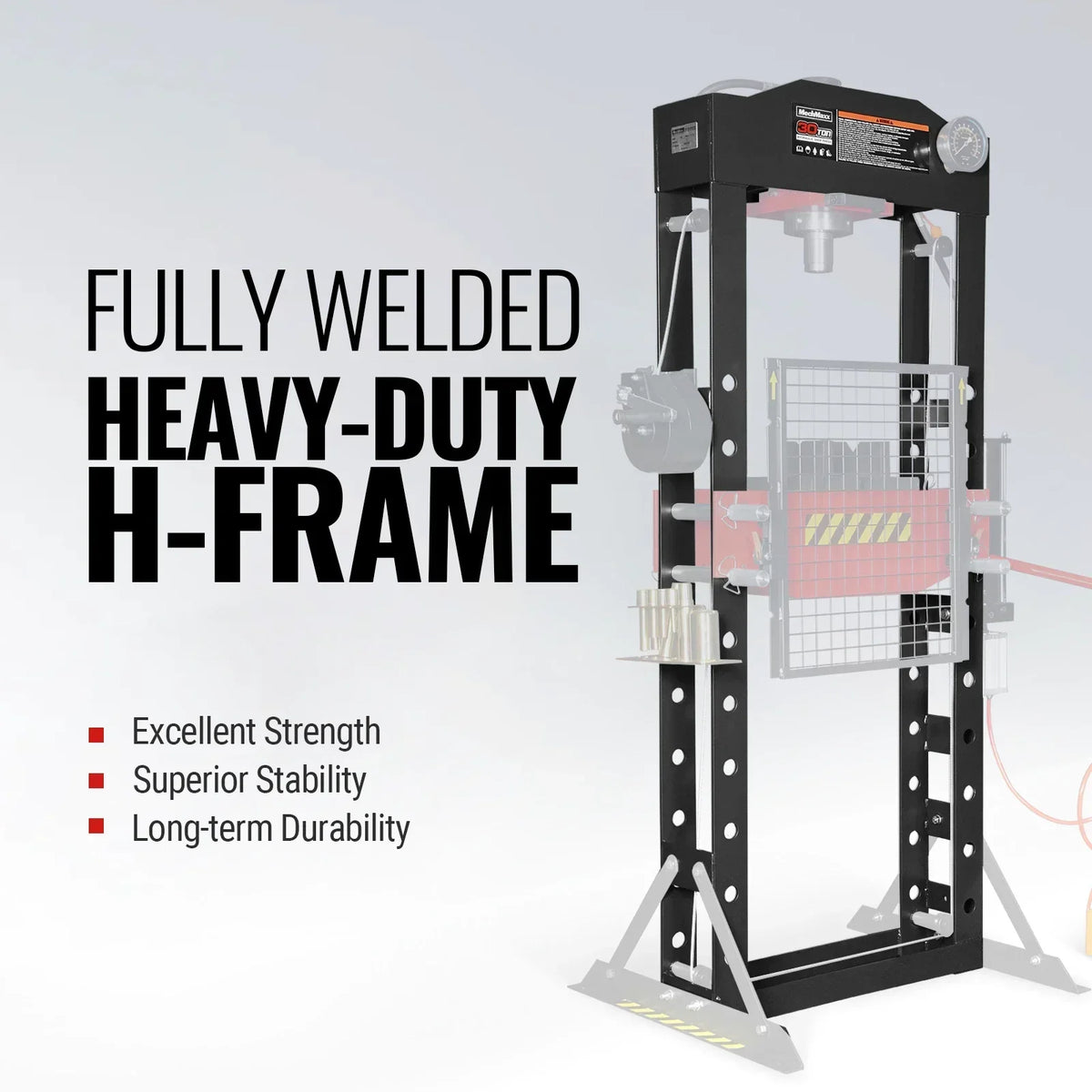 30 Ton H-Frame Air/Hydraulic Shop Press with Hand Winch & Press Pin Kit,  Fully Welded Steel Frame,  Safety Guard,  Foot Pedal Control,  HSP30