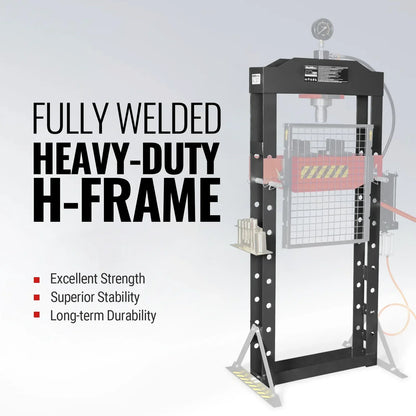 20 Ton H-Frame Air/Hydraulic Shop Press with Press Pin Kit, Fully Welded Steel Frame, Safety Guard, Foot Pedal Control, HSP20