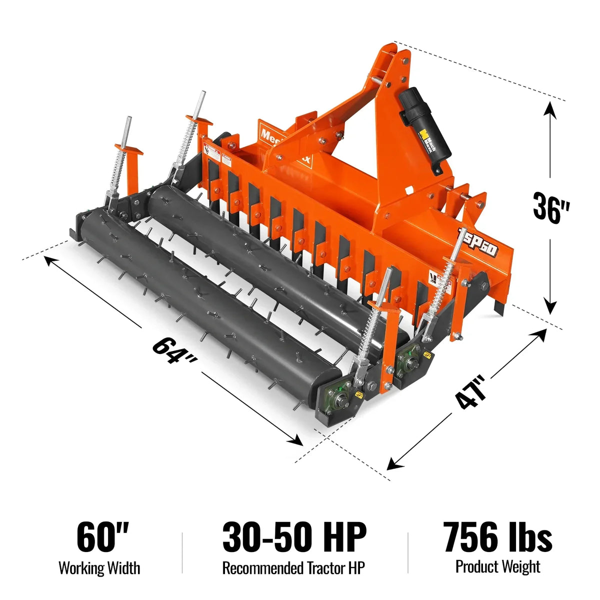 60" Heavy Duty Soil Pulverizer,  Double Spiked Roller,  21 Shanks,  Category 1 and 2,  3 Point Hitch Tractor Attachment,  TSP60D
