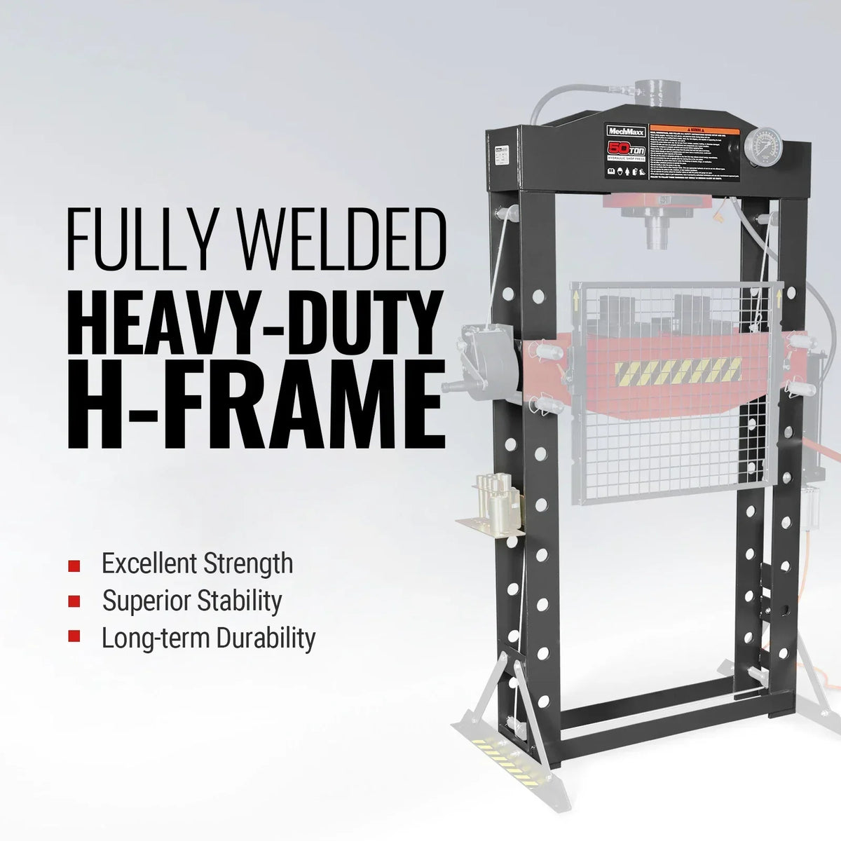 50 Ton H-Frame Air/Hydraulic Shop Press with Hand Winch & Press Pin Kit,  Fully Welded Steel Frame,  Safety Guard,  Foot Pedal Control,  HSP50