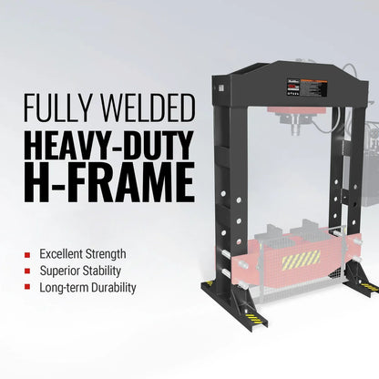 150 Ton H-Frame Electric Hydraulic Shop Press with Double-Acting Cylinder & Chain-Driven Table Lift,  110V Motor,  Fully Welded Steel Frame,  Safety Guard,  HSP150E