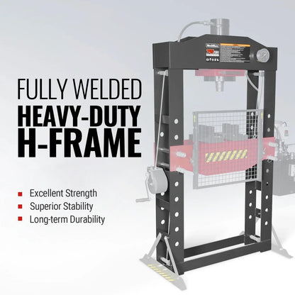 75 Ton H-Frame Electric Hydraulic Shop Press with Hand Winch, 110V Motor, Fully Welded Steel Frame, Safety Guard, HSP75E