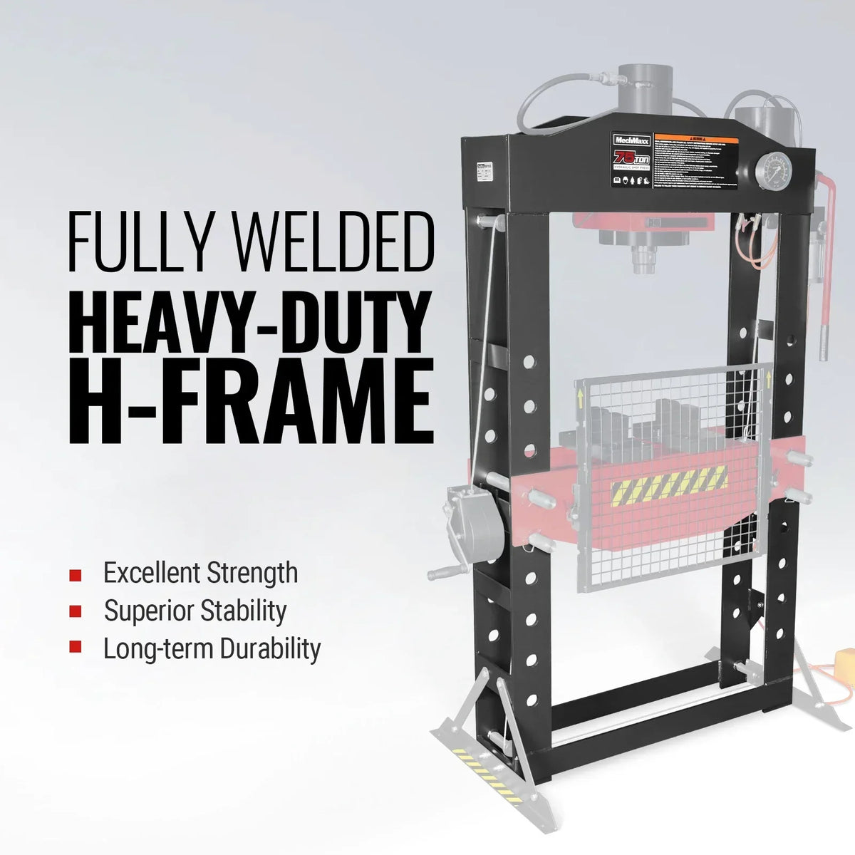 75 Ton H-Frame Air/Hydraulic Shop Press with Hand Winch,  Fully Welded Steel Frame,  Safety Guard,  Foot Pedal Control,  HSP75