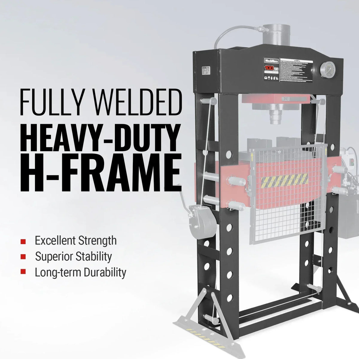 100 Ton H-Frame Electric Hydraulic Shop Press with Hand Winch, 110V Motor, Fully Welded Steel Frame, Safety Guard, HSP100E