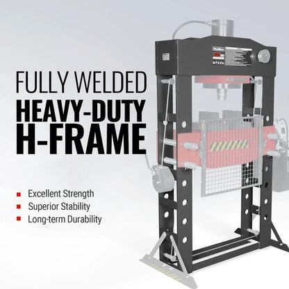 100 Ton H-Frame Electric Hydraulic Shop Press with Hand Winch, 110V Motor, Fully Welded Steel Frame, Safety Guard, HSP100E