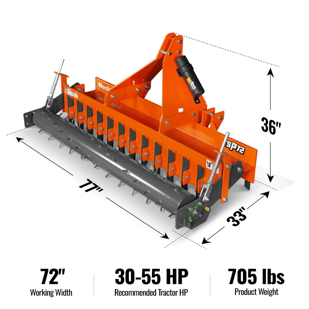 72" Heavy Duty Soil Pulverizer,  Single Spiked Roller,  25 Shanks,  Category 1 and 2,  3 Point Hitch Tractor Attachment,  TSP72