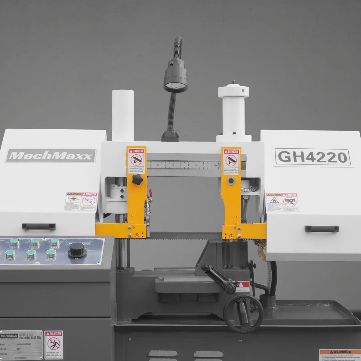 8 Inch 7-7/8" x 7-7/8" Capacity Double Column Horizontal Metal Cutting Band Saw, Vertical Lifting, Gearbox Driven Two-Speed Motor, Hydraulic Feed, Manual Clamping, Coolant System Industrial Bandsaw GH4220