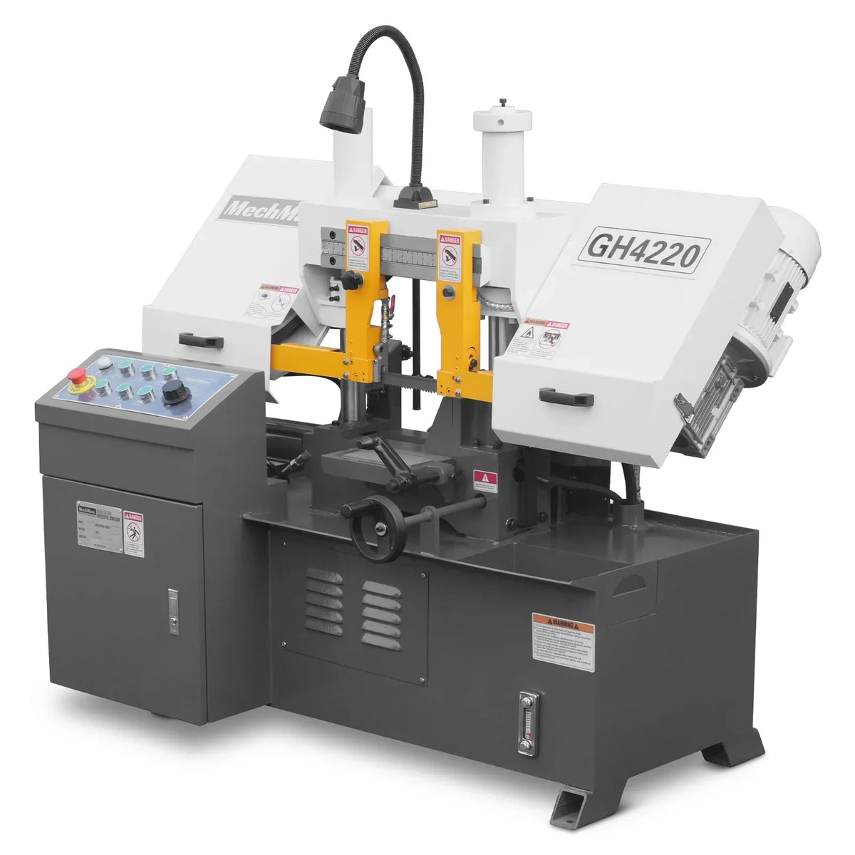 8 Inch 7-7/8" x 7-7/8" Capacity Double Column Horizontal Metal Cutting Band Saw, Vertical Lifting, Gearbox Driven Two-Speed Motor, Hydraulic Feed, Manual Clamping, Coolant System Industrial Bandsaw GH4220