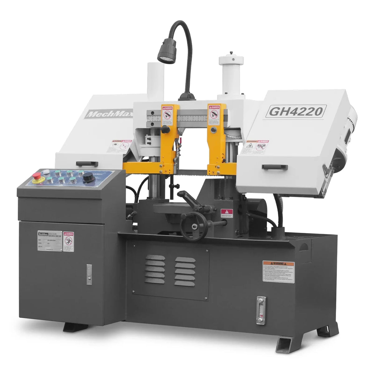 8 Inch 7-7/8" x 7-7/8" Capacity Double Column Horizontal Metal Cutting Band Saw, Vertical Lifting, Gearbox Driven Two-Speed Motor, Hydraulic Feed, Manual Clamping, Coolant System Industrial Bandsaw GH4220