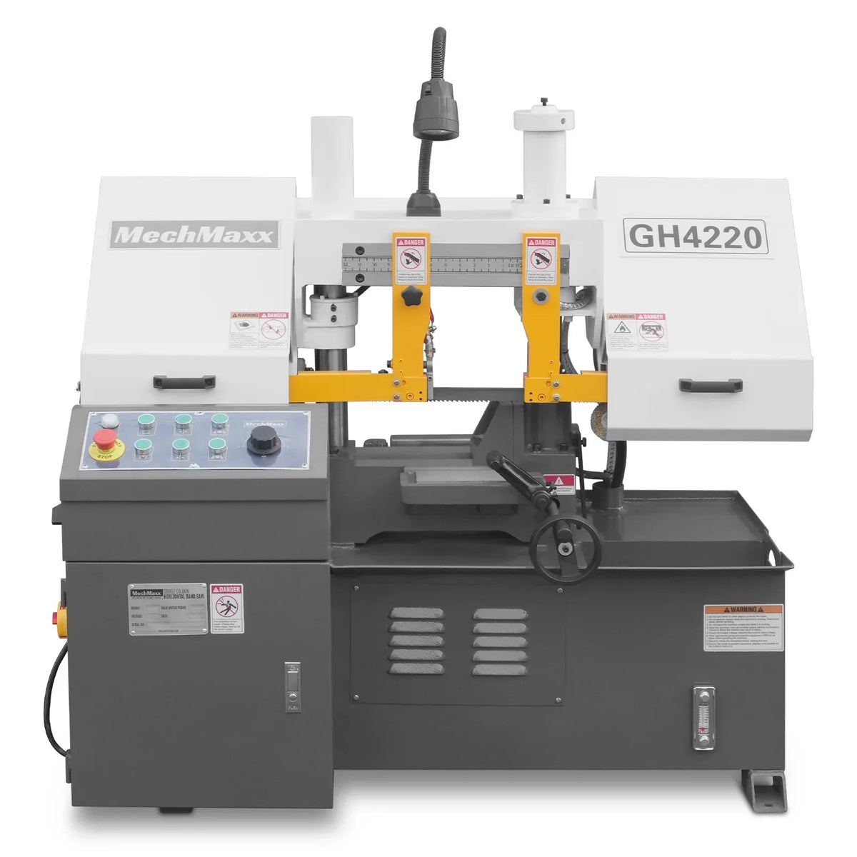 8 Inch 7-7/8" x 7-7/8" Capacity Double Column Horizontal Metal Cutting Band Saw, Vertical Lifting, Gearbox Driven Two-Speed Motor, Hydraulic Feed, Manual Clamping, Coolant System Industrial Bandsaw GH4220