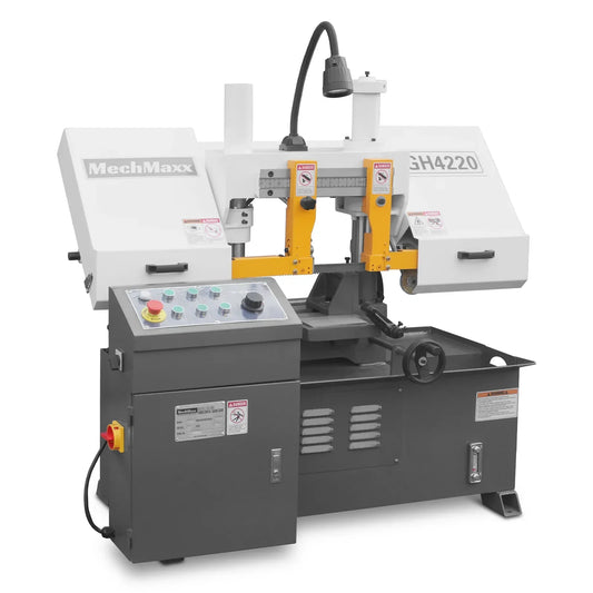 8 Inch 7-7/8" x 7-7/8" Capacity Double Column Horizontal Metal Cutting Band Saw, Vertical Lifting, Gearbox Driven Two-Speed Motor, Hydraulic Feed, Manual Clamping, Coolant System Industrial Bandsaw GH4220