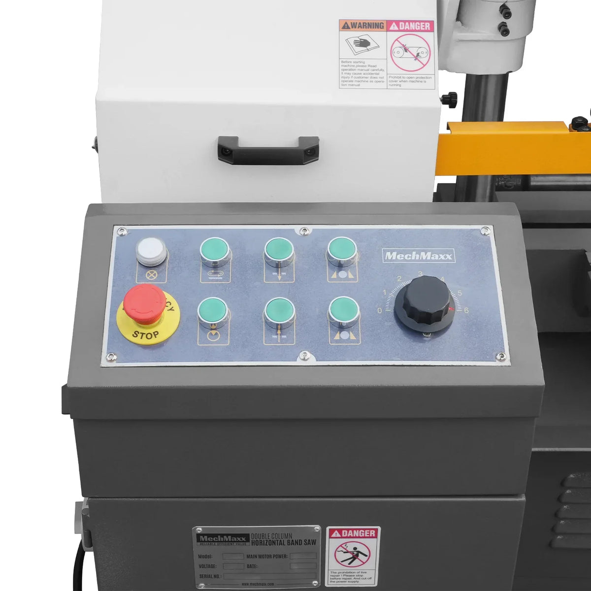 8 Inch 7-7/8" x 7-7/8" Capacity Double Column Horizontal Metal Cutting Band Saw, Vertical Lifting, Gearbox Driven Two-Speed Motor, Hydraulic Feed, Manual Clamping, Coolant System Industrial Bandsaw GH4220