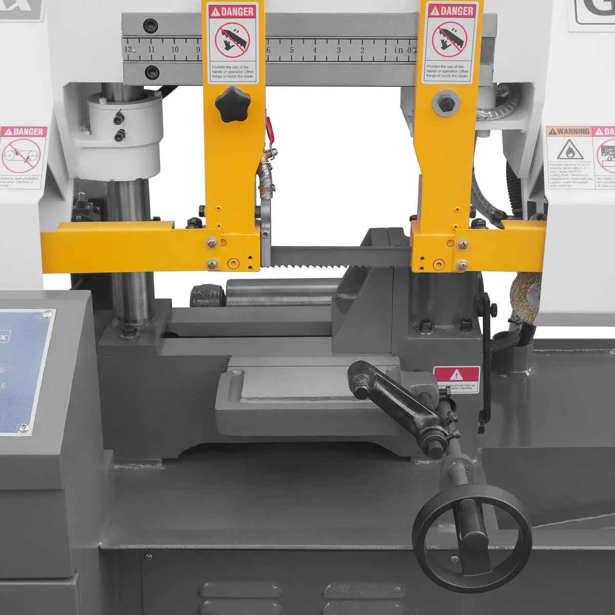 8 Inch 7-7/8" x 7-7/8" Capacity Double Column Horizontal Metal Cutting Band Saw, Vertical Lifting, Gearbox Driven Two-Speed Motor, Hydraulic Feed, Manual Clamping, Coolant System Industrial Bandsaw GH4220