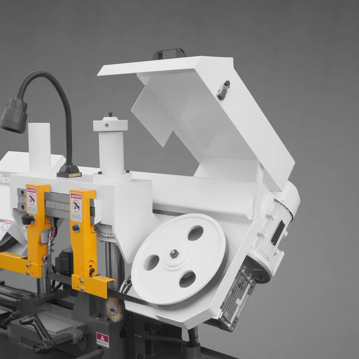 8 Inch 7-7/8" x 7-7/8" Capacity Double Column Horizontal Metal Cutting Band Saw, Vertical Lifting, Gearbox Driven Two-Speed Motor, Hydraulic Feed, Manual Clamping, Coolant System Industrial Bandsaw GH4220