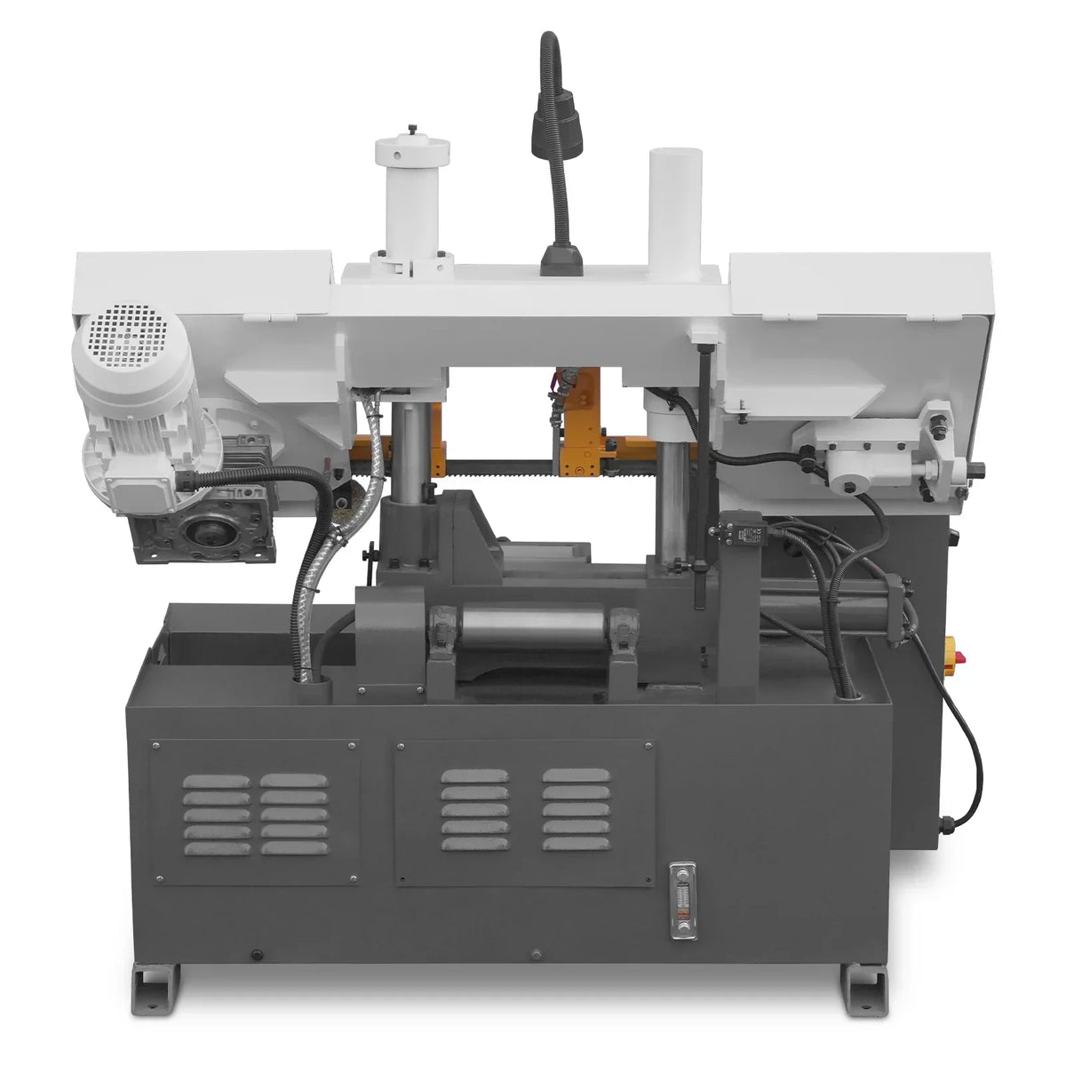 8 Inch 7-7/8" x 7-7/8" Capacity Double Column Horizontal Metal Cutting Band Saw, Vertical Lifting, Gearbox Driven Two-Speed Motor, Hydraulic Feed, Manual Clamping, Coolant System Industrial Bandsaw GH4220