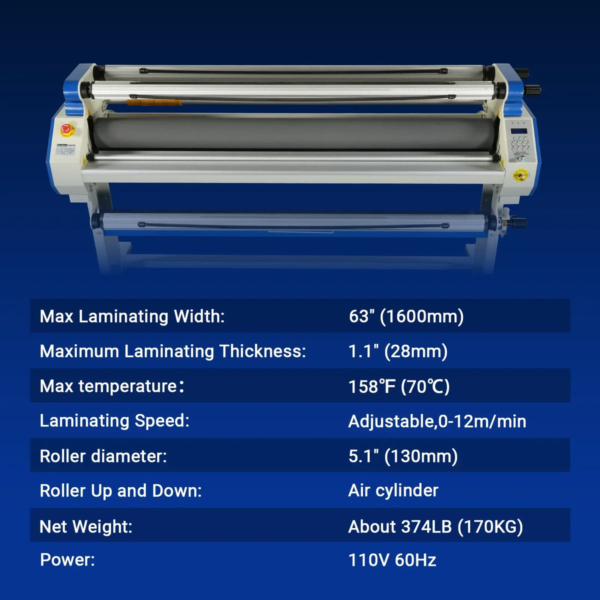 65" Wide Format Full-Auto Cold & Heat Assisted Pneumatic Laminator Machine with 4 Trimmers, Max Speed 40ft/min, 63" Max Width, 1.1" Max Thickness, Infrared Heating, Digital Control Pneumatic Roller Lifting (Requires Air Compressor, Not Included) 1700-B1