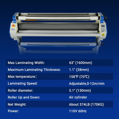 65" Wide Format Full-Auto Cold & Heat Assisted Pneumatic Laminator Machine with 4 Trimmers, Max Speed 40ft/min, 63" Max Width, 1.1" Max Thickness, Infrared Heating, Digital Control Pneumatic Roller Lifting (Requires Air Compressor, Not Included) 1700-B1