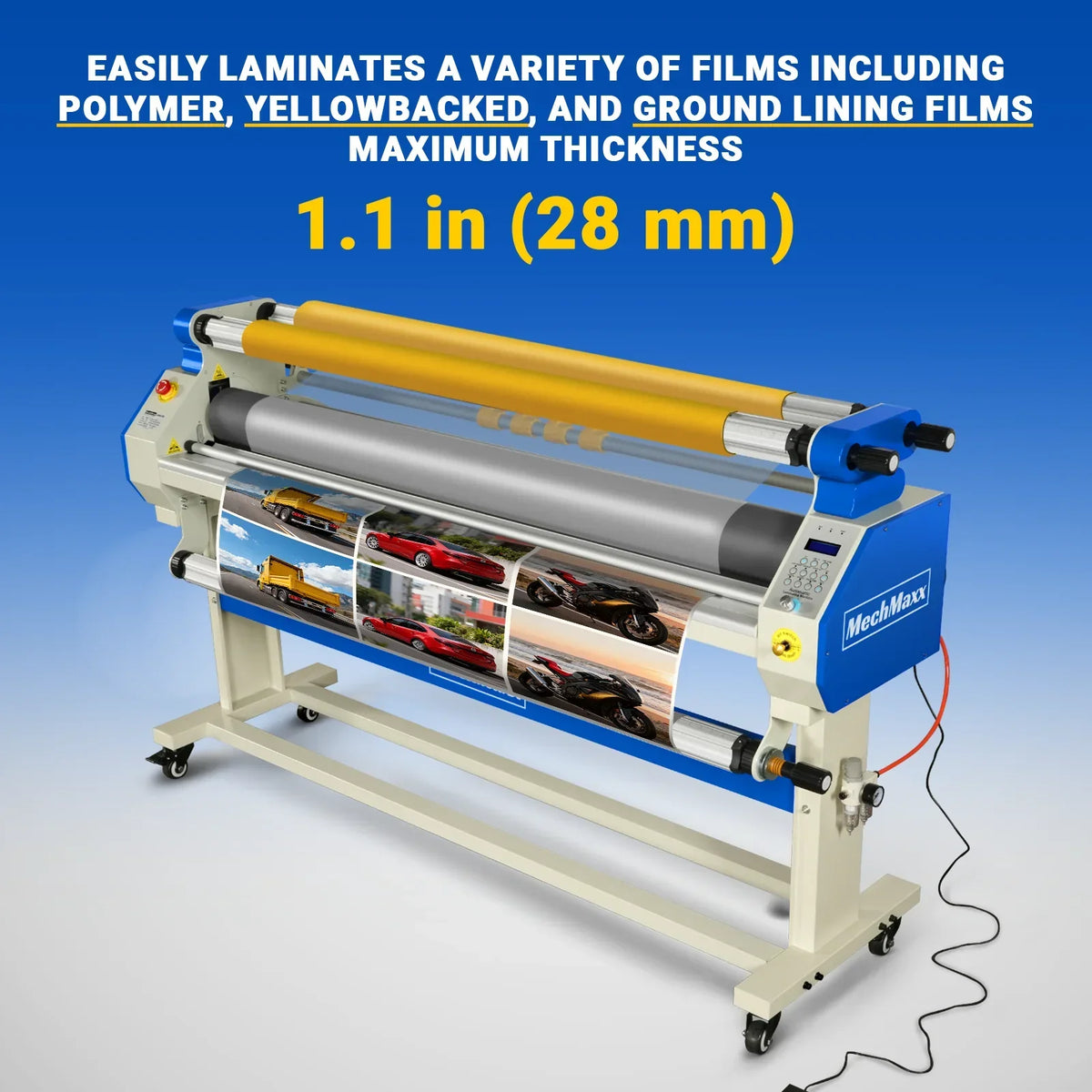 65" Wide Format Full-Auto Cold & Heat Assisted Pneumatic Laminator Machine with 4 Trimmers, Max Speed 40ft/min, 63" Max Width, 1.1" Max Thickness, Infrared Heating, Digital Control Pneumatic Roller Lifting (Requires Air Compressor, Not Included) 1700-B1