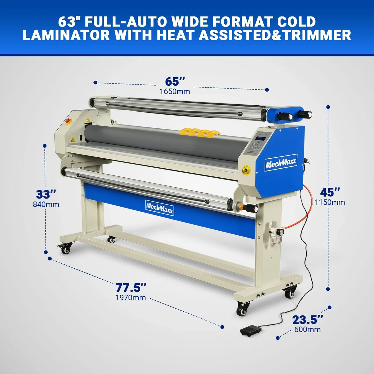 65" Wide Format Full-Auto Cold & Heat Assisted Pneumatic Laminator Machine with 4 Trimmers, Max Speed 40ft/min, 63" Max Width, 1.1" Max Thickness, Infrared Heating, Digital Control Pneumatic Roller Lifting (Requires Air Compressor, Not Included) 1700-B2