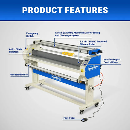 65" Wide Format Full-Auto Cold & Heat Assisted Pneumatic Laminator Machine with 4 Trimmers, Max Speed 40ft/min, 63" Max Width, 1.1" Max Thickness, Infrared Heating, Digital Control Pneumatic Roller Lifting (Requires Air Compressor, Not Included) 1700-B2