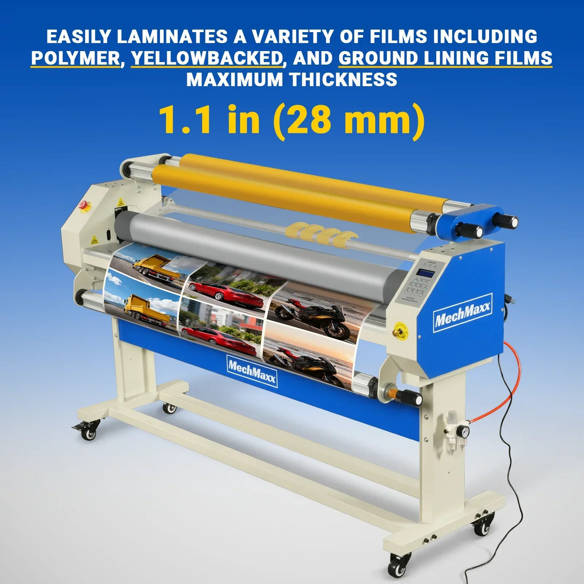 65" Wide Format Full-Auto Cold & Heat Assisted Pneumatic Laminator Machine with 4 Trimmers, Max Speed 40ft/min, 63" Max Width, 1.1" Max Thickness, Infrared Heating, Digital Control Pneumatic Roller Lifting (Requires Air Compressor, Not Included) 1700-B2