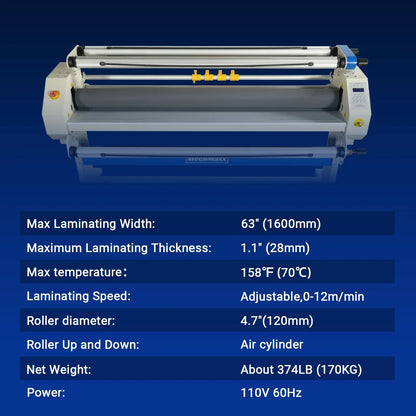 65" Wide Format Full-Auto Cold & Heat Assisted Pneumatic Laminator Machine with 4 Trimmers, Max Speed 40ft/min, 63" Max Width, 1.1" Max Thickness, Infrared Heating, Digital Control Pneumatic Roller Lifting (Requires Air Compressor, Not Included) 1700-B2